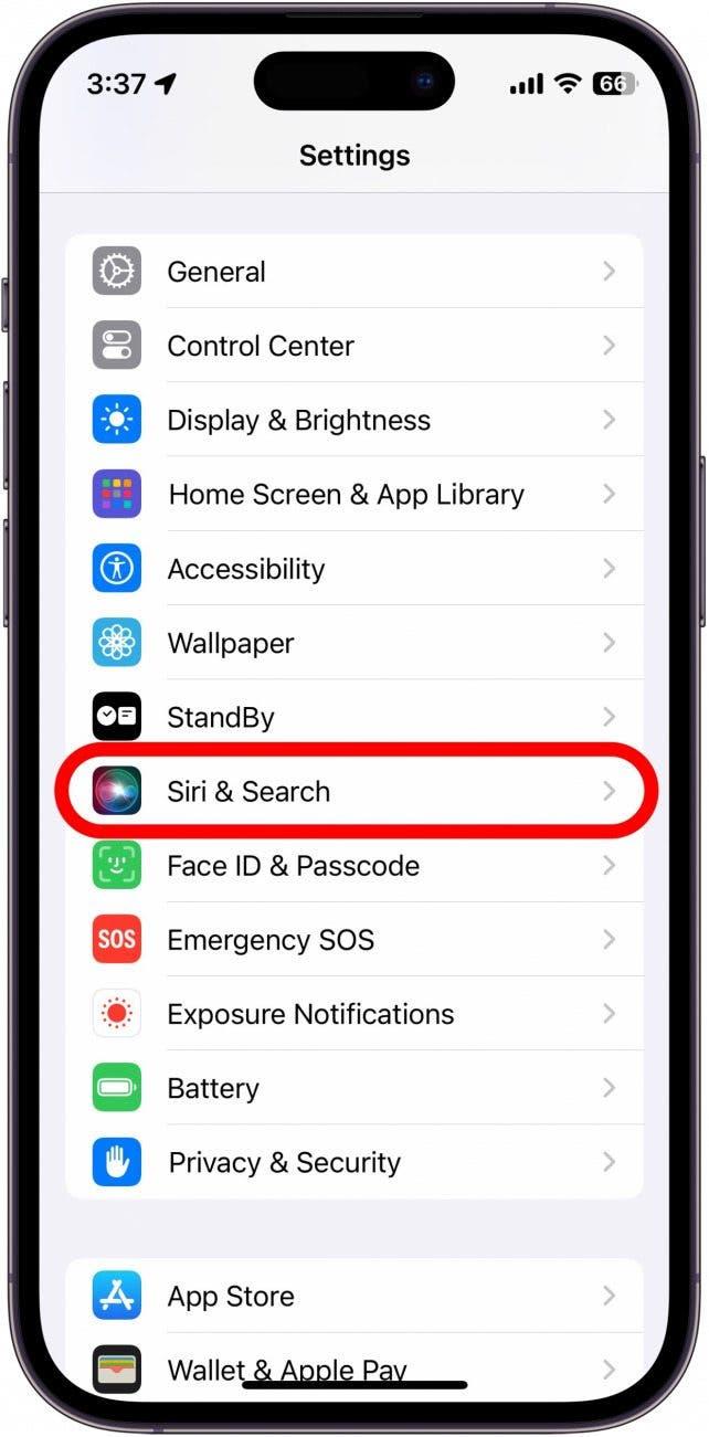 Impostazioni dell'iPhone con Siri e la ricerca cerchiati in rosso
