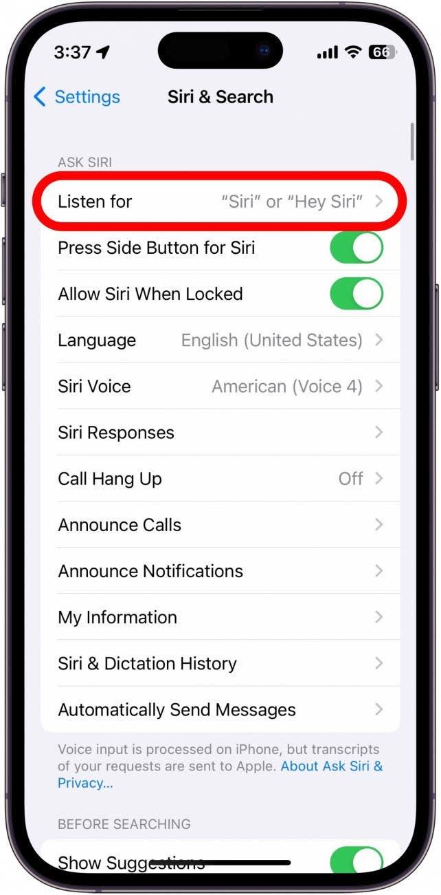 Ajustes de Siri del iPhone con la opción de escuchar marcada en rojo