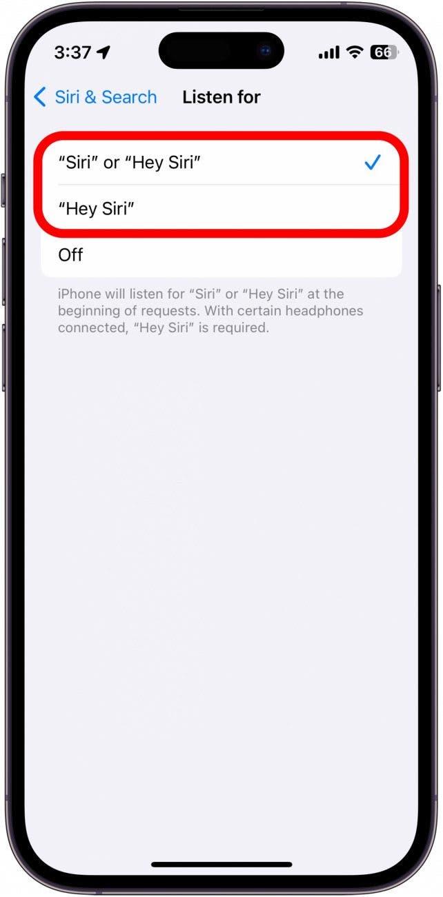 impostazioni di iphone siri listen for con due opzioni cerchiate in rosso. opzione 1: siri o hey siri, opzione 2: hey siri