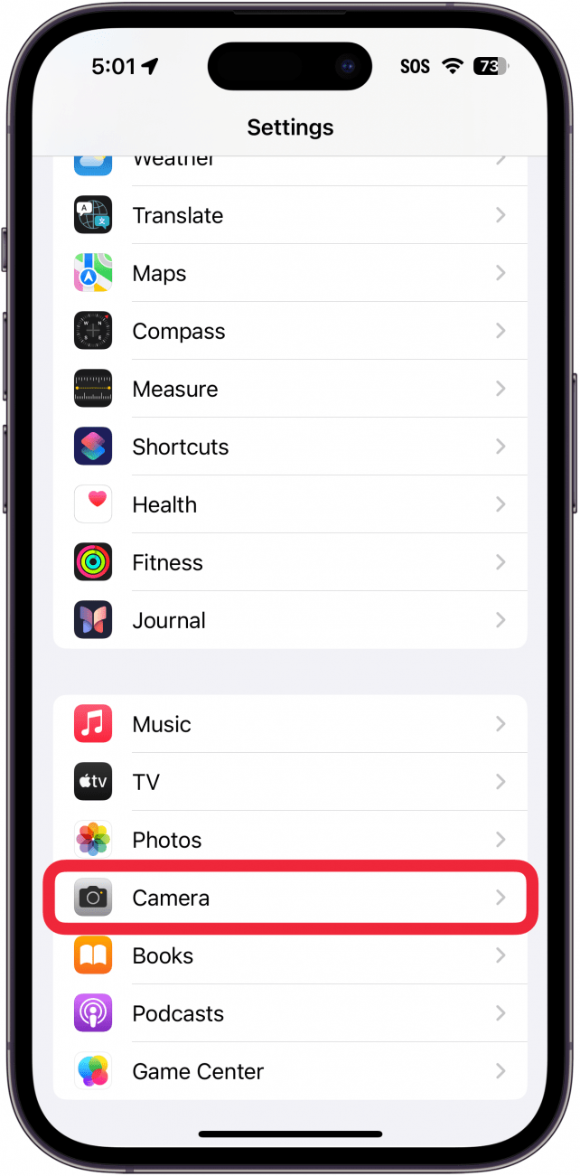 iphone Einstellungs-App mit einem roten Kasten um die Kamera