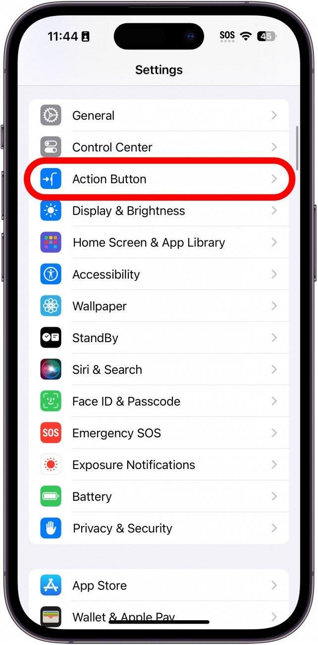 Réglages de l'iPhone avec le bouton d'action entouré de rouge