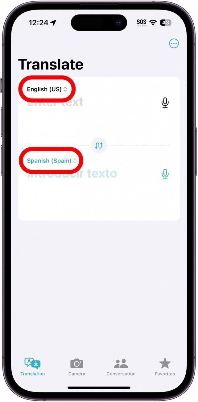 app translate per iphone con un cerchio rosso intorno alle opzioni di lingua inglese e spagnola
