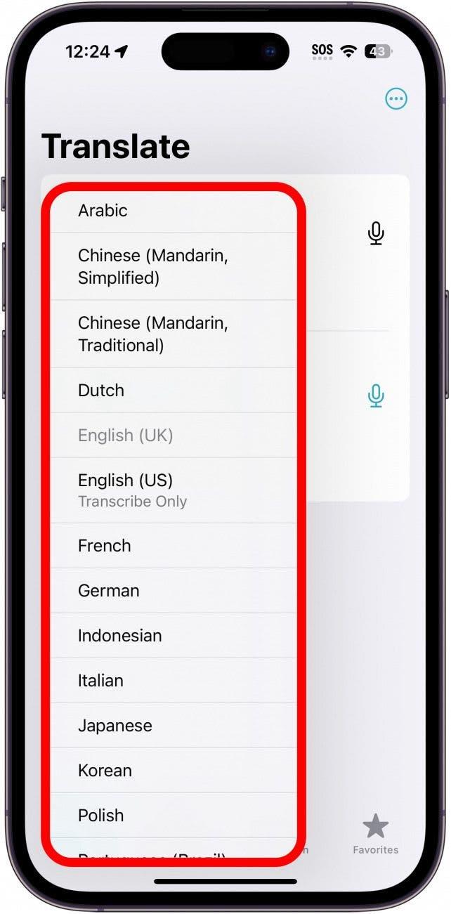 aplicación translate del iphone con un recuadro rojo alrededor de la lista de idiomas