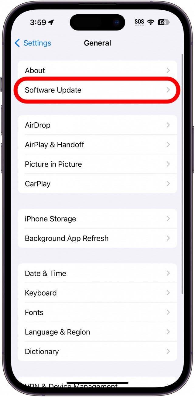 pantalla de ajustes generales del iphone con la actualización de software rodeada en rojo