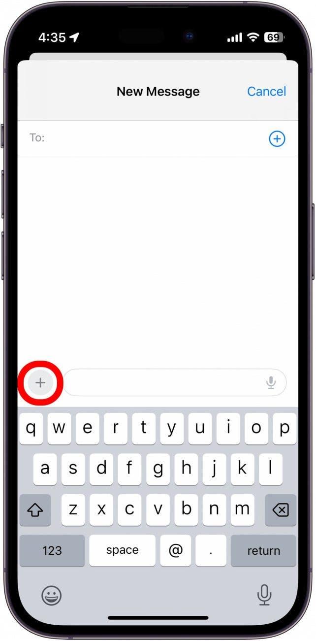 écran de nouveaux messages iphone avec cercle rouge autour de l'icône plus