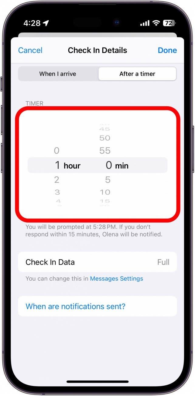 Onglet "Check in after a timer" de l'iphone avec les réglages de la minuterie encerclés en rouge