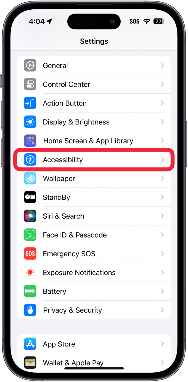 definições de acessibilidade do iphone com uma caixa vermelha à volta da acessibilidade