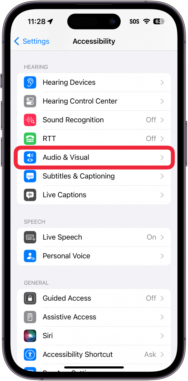 definições de acessibilidade do iphone com uma caixa vermelha à volta do áudio visual