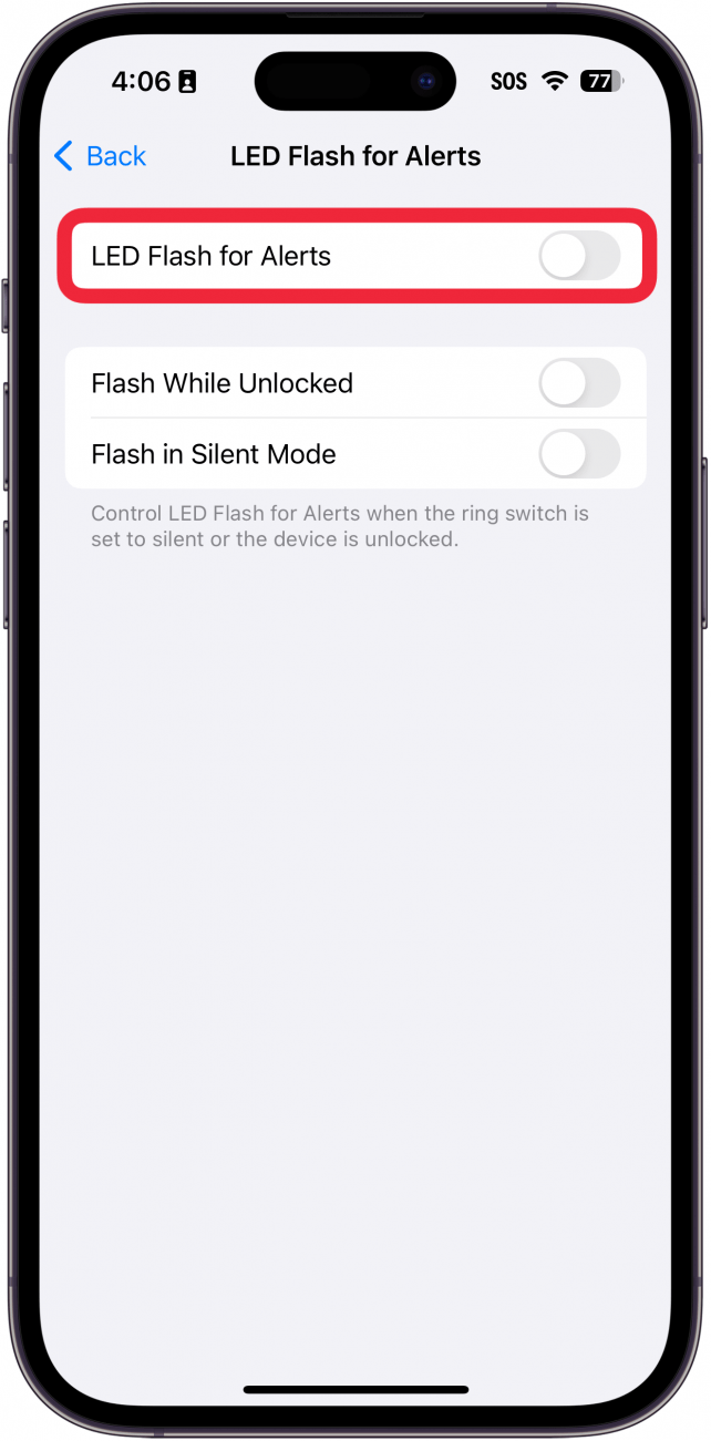 iphone led flitser voor waarschuwingen instellingen met een rood vak rond led flitser voor waarschuwingen toggle