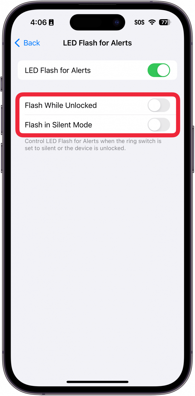definições do flash led para alertas do iphone com uma caixa vermelha à volta dos comandos para flash enquanto desbloqueado e flash em modo silencioso