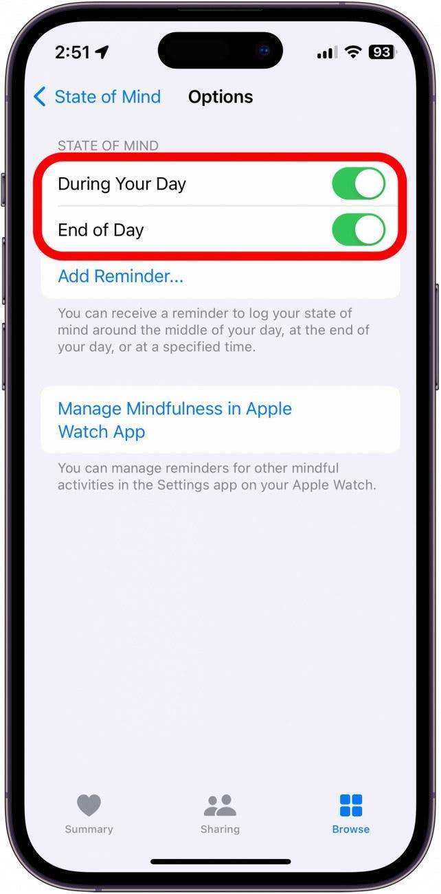 Indstillinger for påmindelser om sundhedstilstand i iPhone med omskiftere i løbet af dagen og sidst på dagen omkranset af rødt