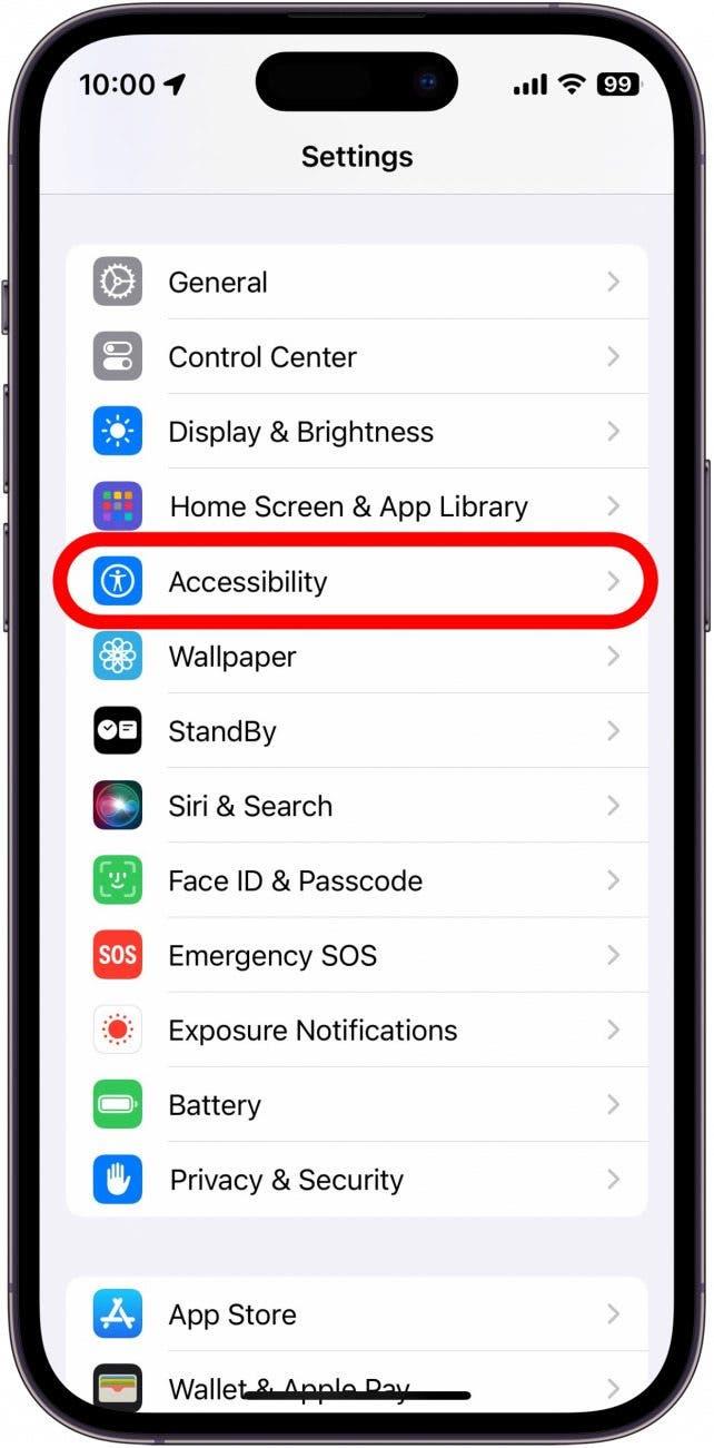 aplicación de ajustes del iphone con la accesibilidad rodeada en rojo