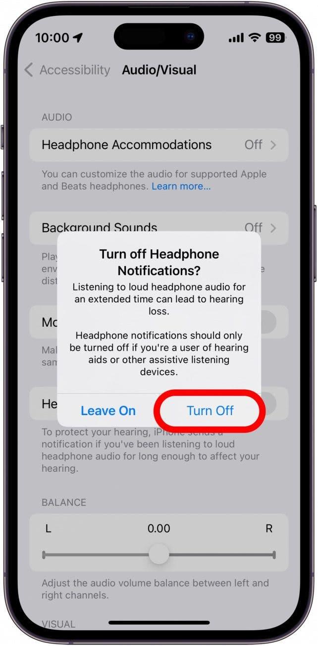 bekreftelsesvindu for deaktivering av hodetelefonvarsler i iPhone med av-knappen innringet i rødt