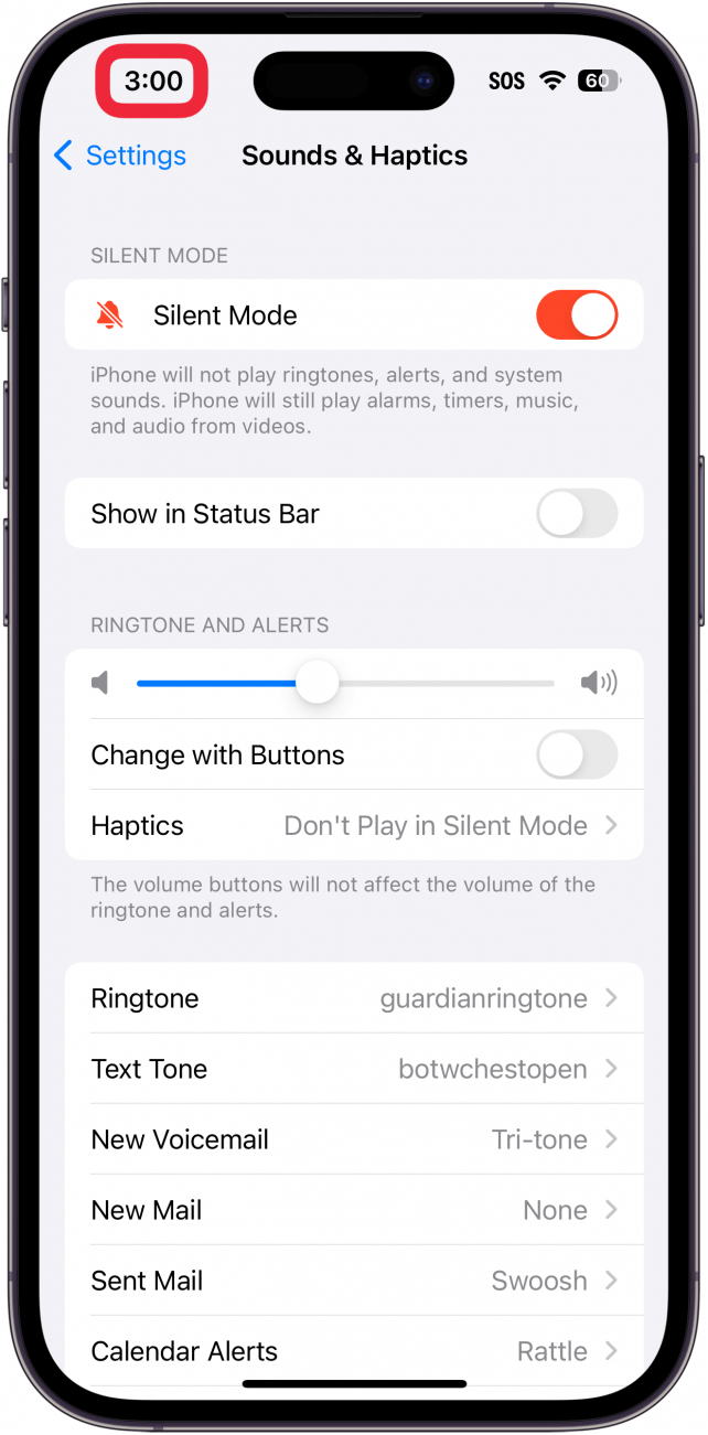 екран за настройки на звуци и тактилни устройства на iphone с червена рамка около времето, като иконата на тихия звънец вече не се показва