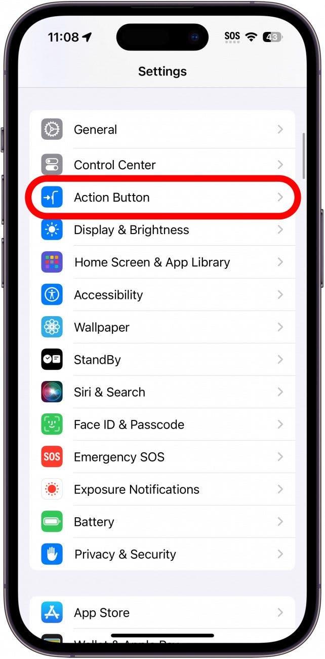 Réglages de l'iPhone avec l'option du bouton d'action entourée en rouge
