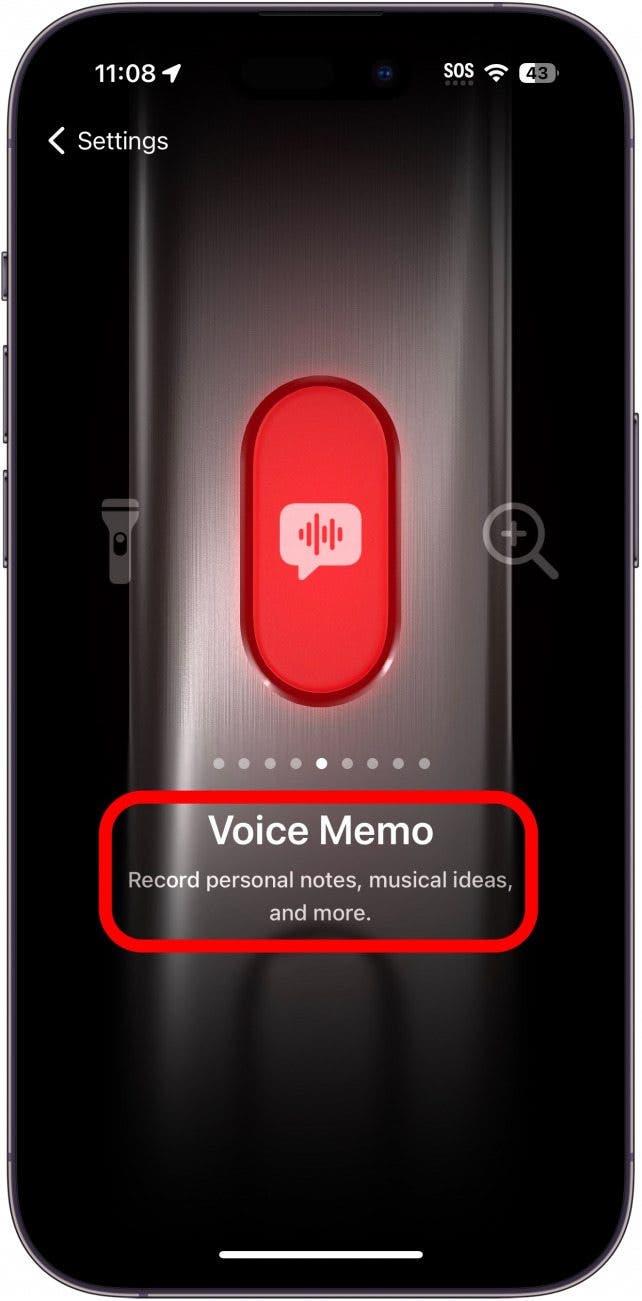 Definições do botão de ação do iPhone que mostra a definição de memorando de voz com um círculo vermelho à volta da descrição