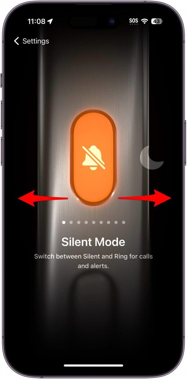 Настройки кнопки действий iphone, показывающие настройку Беззвучный режим с красными стрелками, направленными влево и вправо, указывающими на то, что нужно провести пальцем по экрану