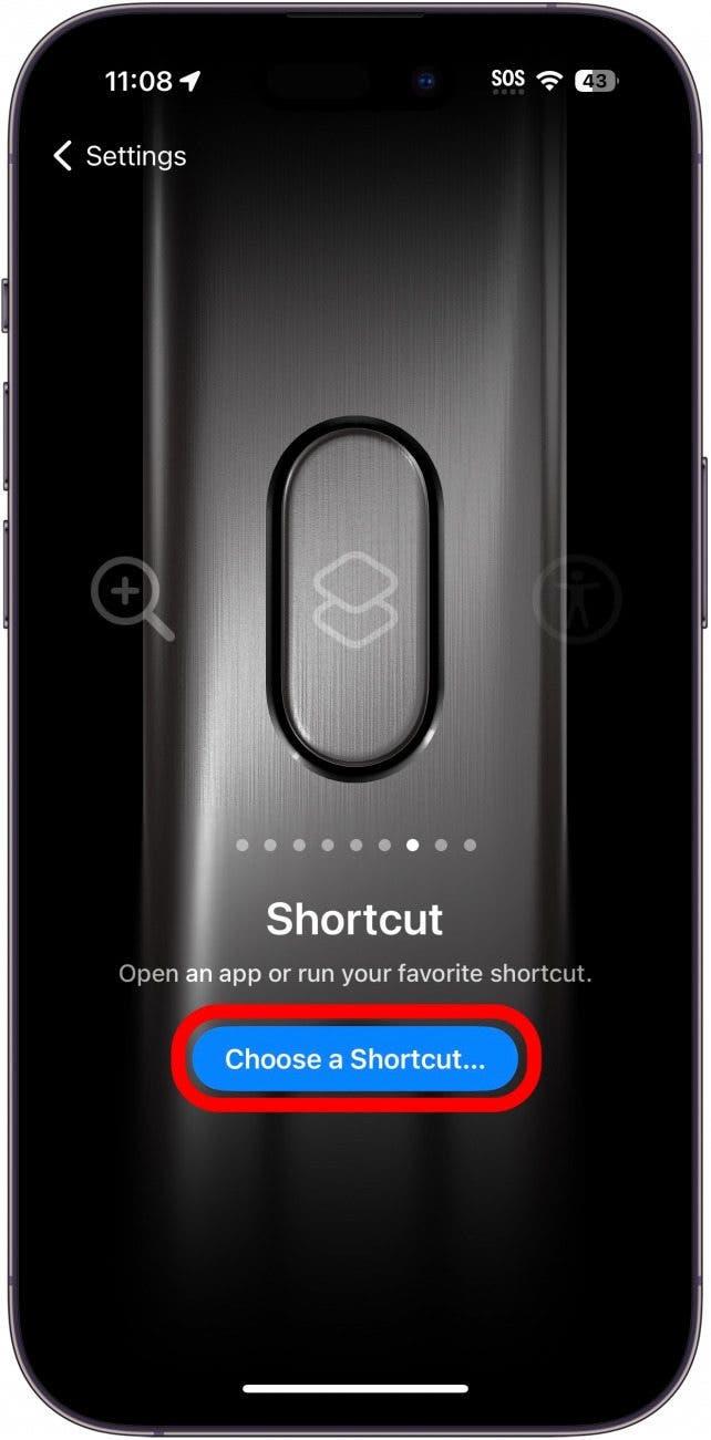 Definições do botão de ação do iPhone que mostra a definição de Atalho com um círculo vermelho à volta de escolher um atalho
