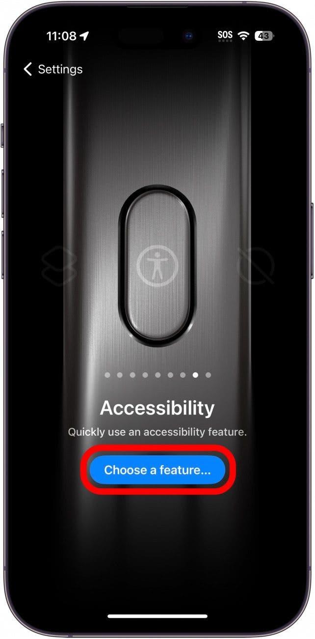 Bouton d'action pour iPhone montrant le réglage de l'accessibilité avec un cercle rouge autour de choisir une fonctionnalité