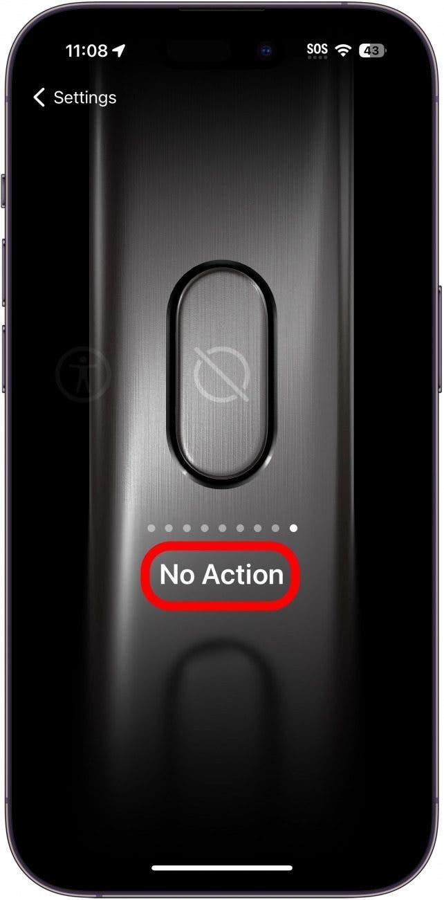 Nastavení tlačítka akce iphone zobrazující nastavení bez akce s červeným kroužkem kolem něj