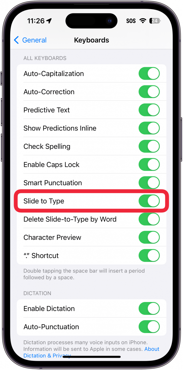 definições de teclado do iphone com uma caixa vermelha à volta da opção deslizar para escrever