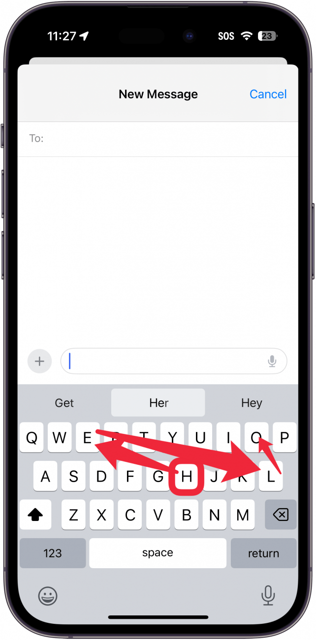iphone maak bericht scherm met een toetsenbord met een rood vak rond H toets, en dan rode pijlen wijzen van H naar E naar L naar O