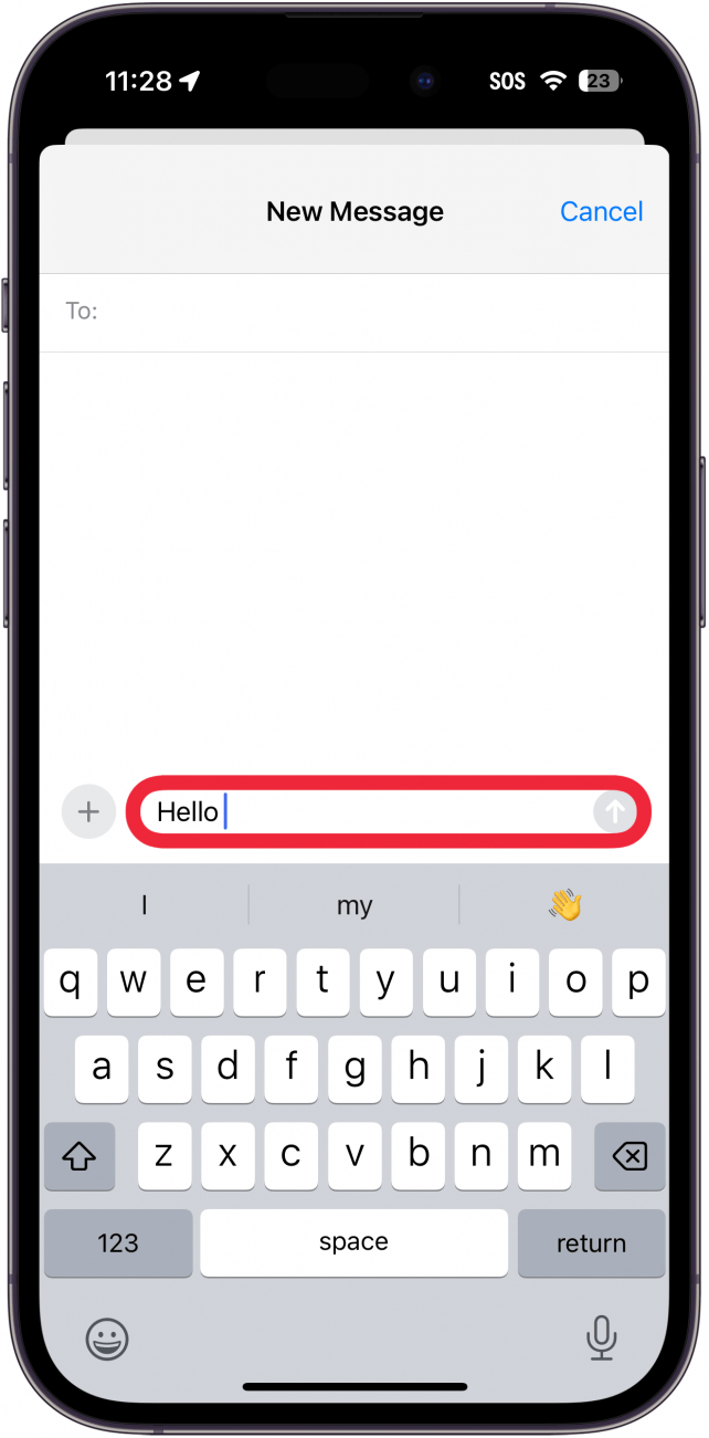 iphone създава екран за съобщения с червена рамка около текстово поле с думата Hello и интервал след нея