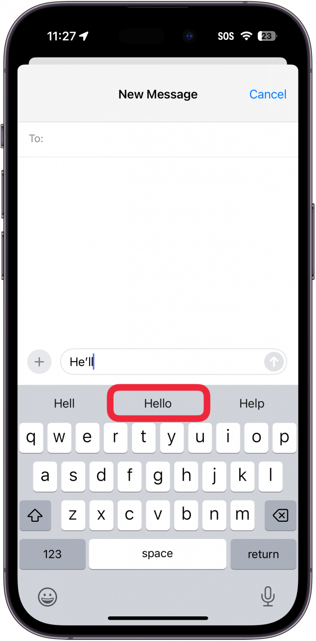 iphone създава екран за съобщения, показващ клавиатура с червено поле около опцията за предсказване на текст, която гласи Hello