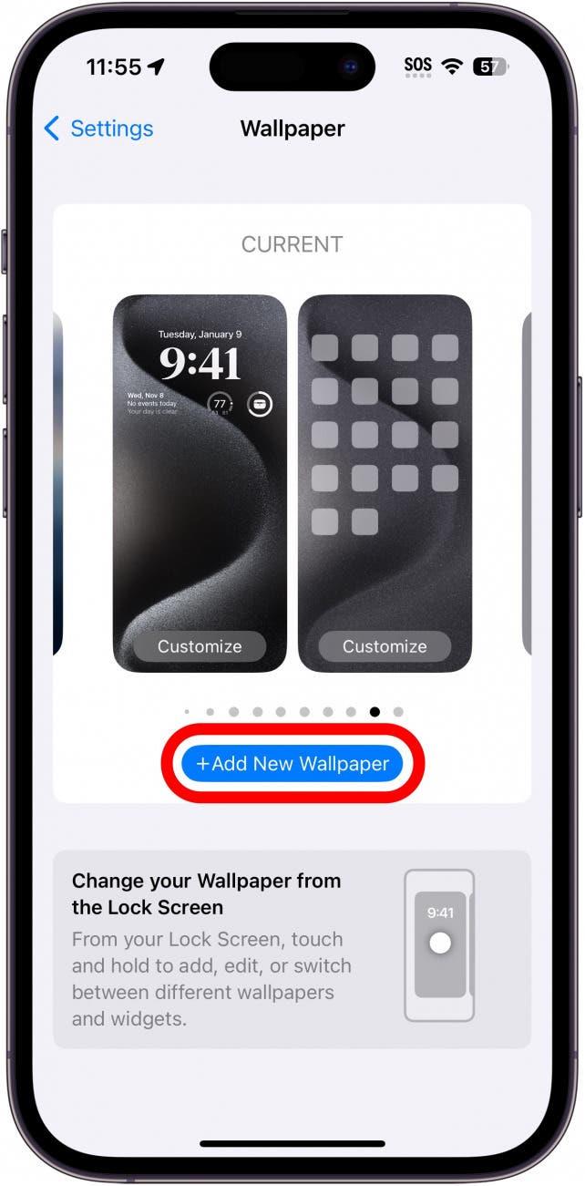 iphone Wallpaper-Einstellungen mit rot eingekreister Schaltfläche Neues Hintergrundbild hinzufügen
