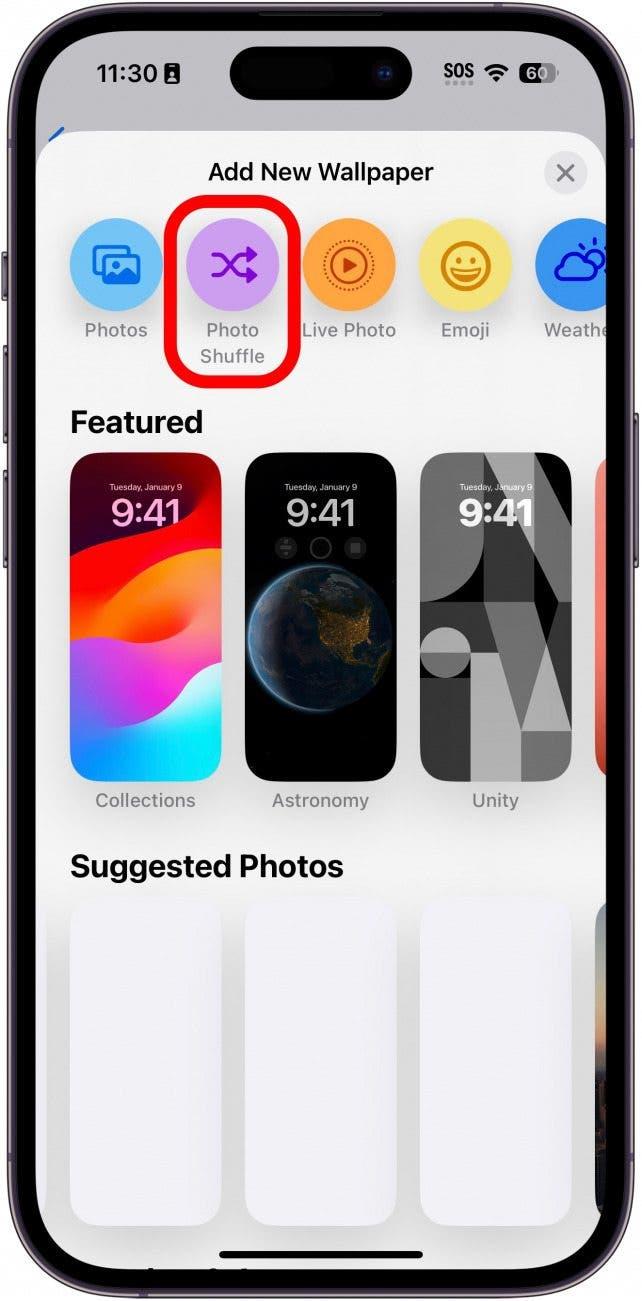 iphone Wallpaper-Einstellungen mit rot eingekreister Schaltfläche für die Foto-Zufallswiedergabe