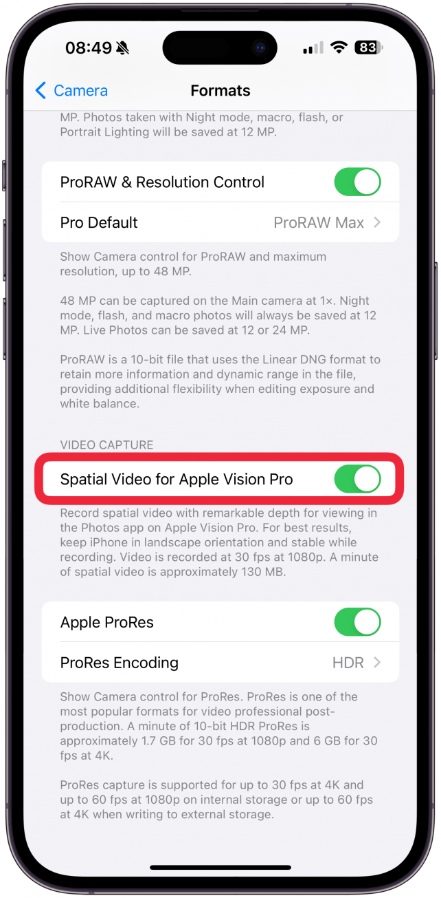 Slå Spatial Video for Apple Vision Pro av eller på.