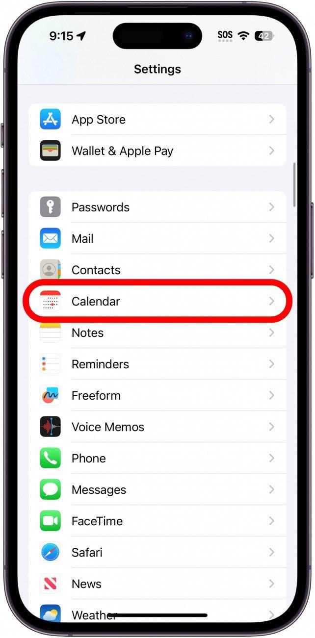 Réglages de l'iphone avec le calendrier entouré en rouge