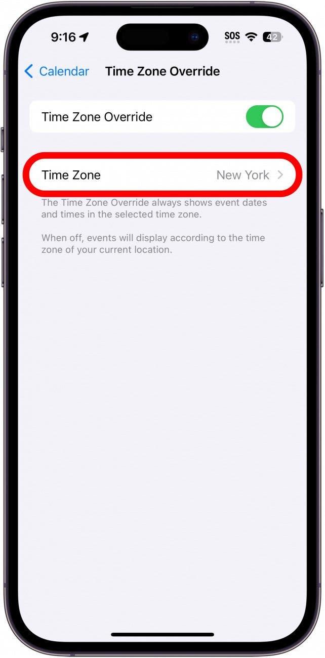 Réglages du fuseau horaire de l'iphone avec le fuseau horaire entouré en rouge