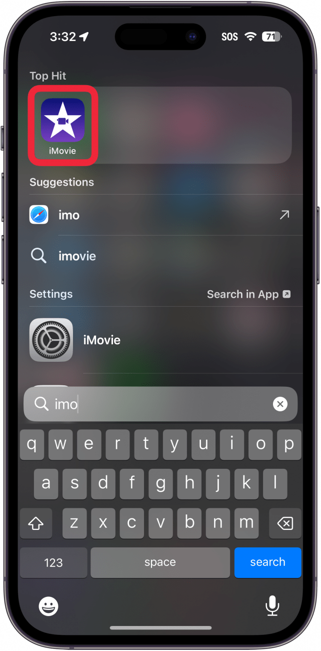 Pesquisa no spotlight do iphone com a aplicação iMovie assinalada a vermelho