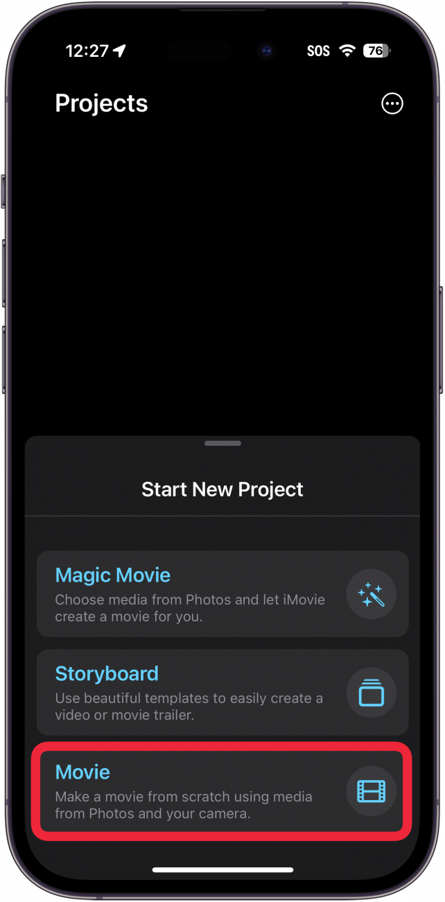 Приложение imovie за iphone с червена рамка около опцията за филм в раздел "Започване на нов проект