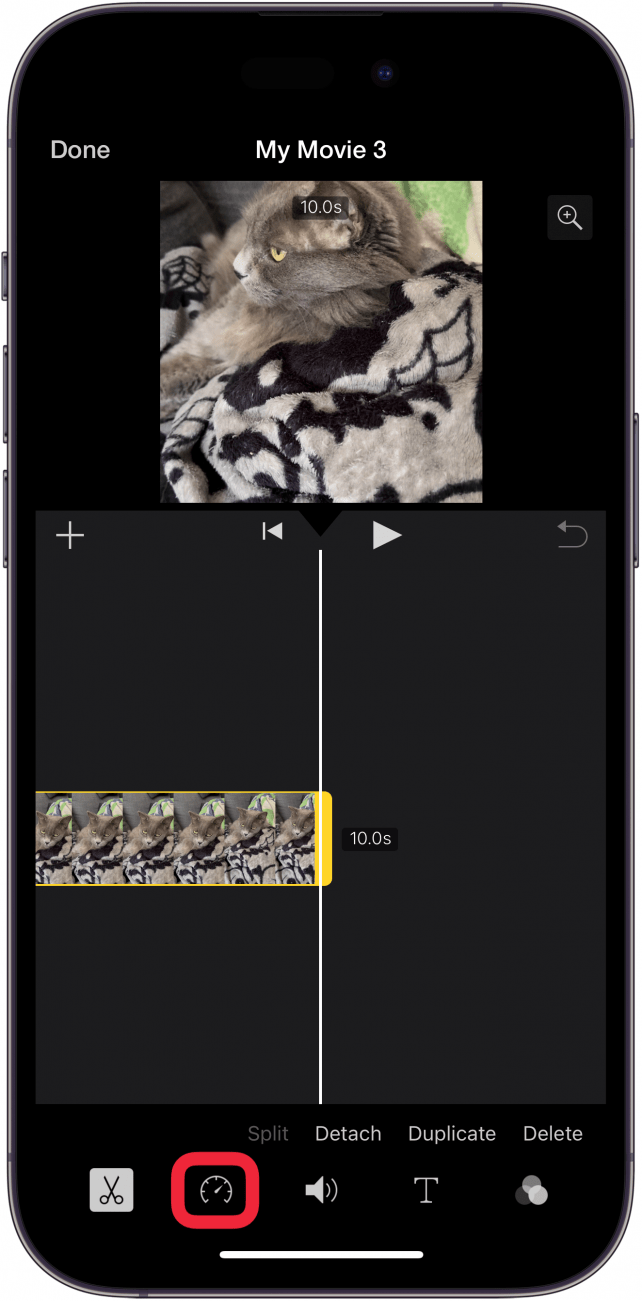 iphone imovie app Bearbeitungsbildschirm mit einem roten Kasten um die Geschwindigkeitstaste