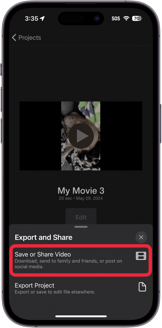 schermata di esportazione del progetto dell'app iphone imovie con un riquadro rosso intorno al pulsante salva o condividi video