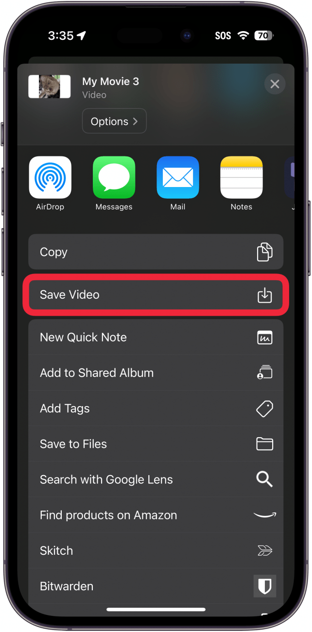 ecrã de projeto de exportação da aplicação imovie para iphone com uma caixa vermelha à volta do botão de guardar vídeo