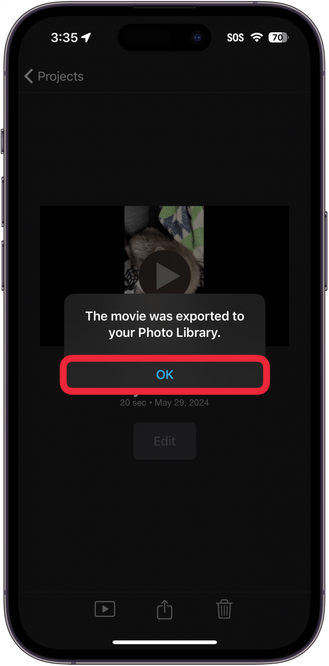 schermata del progetto di esportazione dell'app iphone imovie che visualizza un pop-up che indica che l'esportazione è riuscita con un riquadro rosso intorno al pulsante ok