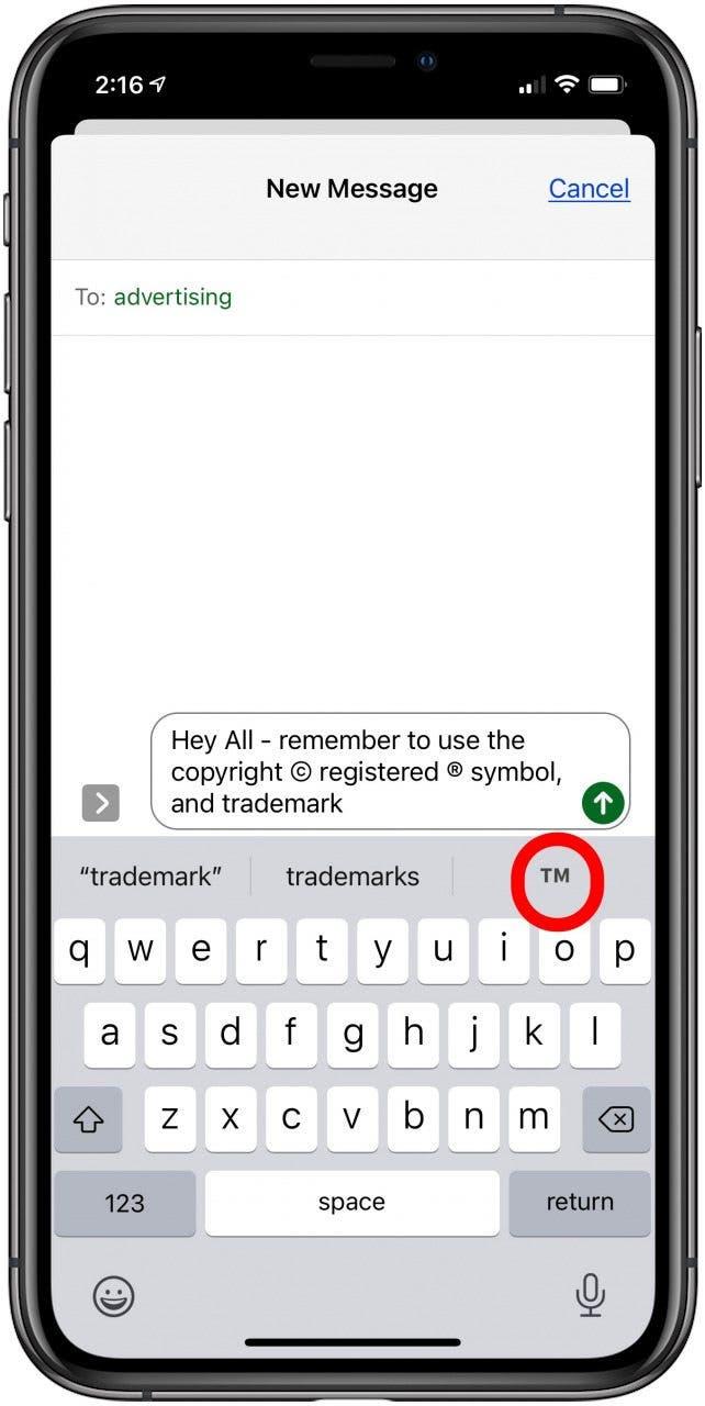 símbolo de marca registrada teclado del iphone