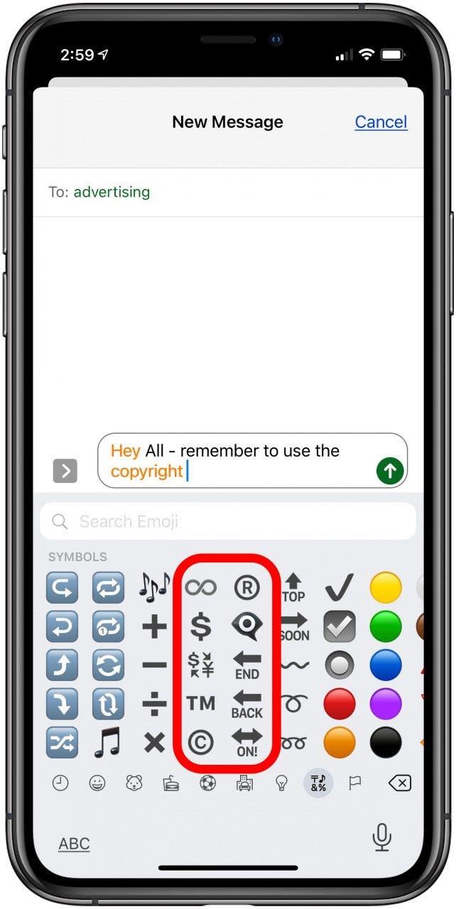 Urheberrechtssymbol auf der Emoji-Tastatur eingeben