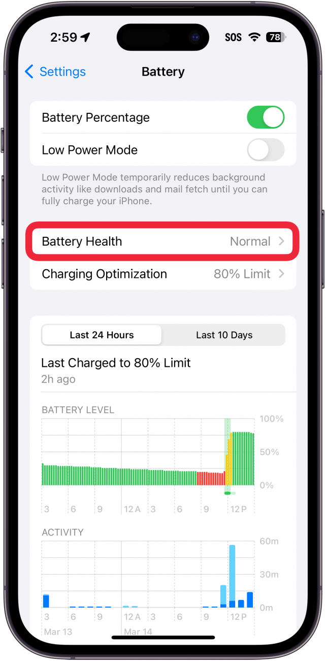Réglages de la batterie de l'iPhone avec un cadre rouge autour de l'état de la batterie