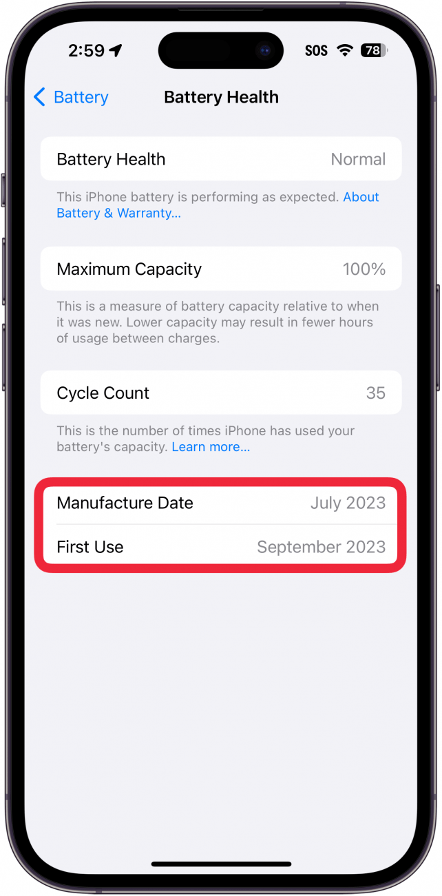 iPhone-batteriets helseskjerm med en rød boks rundt produksjonsdato og første gangs bruk.