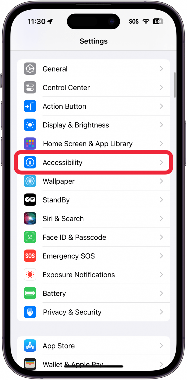 aplicação de definições do iphone com uma caixa vermelha à volta da acessibilidade