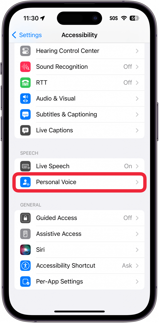 iphone-tillgänglighetsinställningar med en röd ruta runt personlig röst