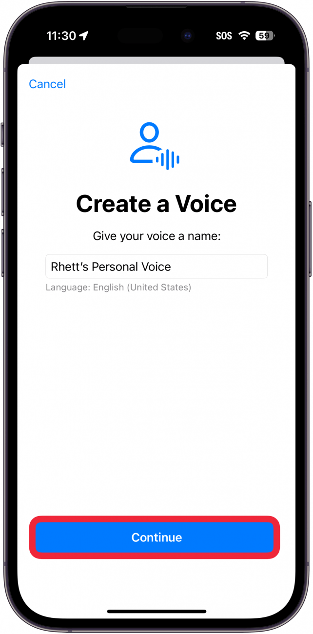 Configuration de la voix personnelle sur l'iPhone avec un cadre rouge autour d'un bouton bleu "continuer