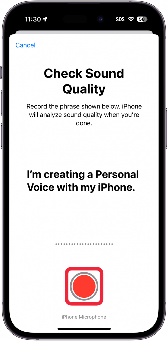 Configuration de la voix personnelle sur l'iPhone avec un cadre rouge autour du bouton d'enregistrement
