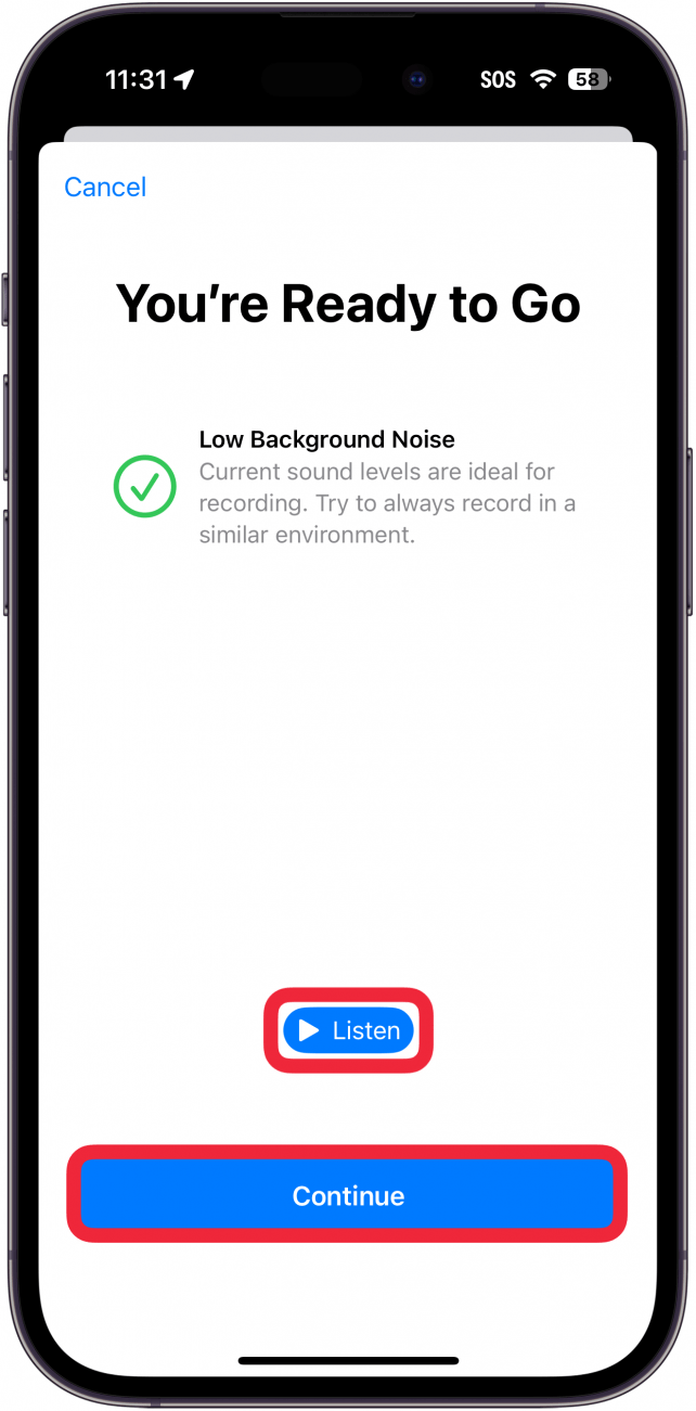 Configuration de la voix personnelle sur l'iPhone avec une boîte rouge autour d'un bouton d'écoute bleu et une boîte rouge autour d'un bouton de continuation bleu