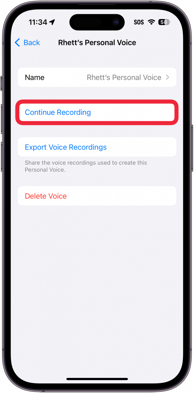 Configuration de la voix personnelle sur iPhone avec un encadré rouge autour du bouton Continuer l'enregistrement