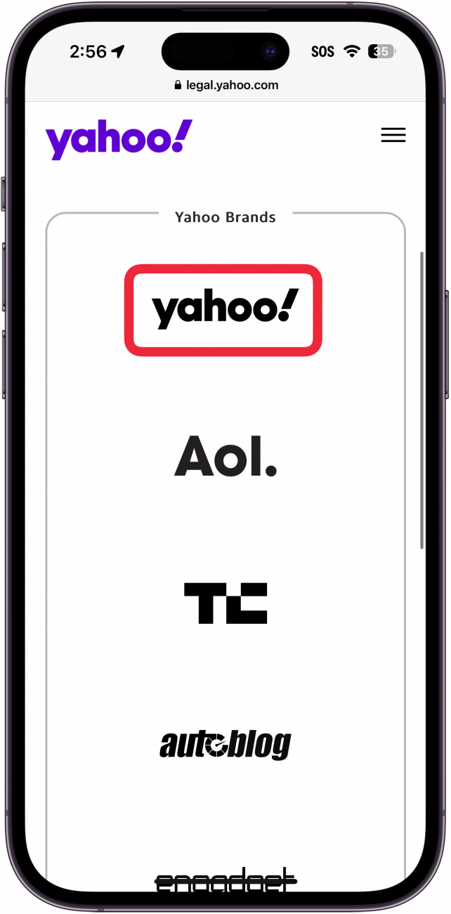 definições de privacidade da aplicação de correio do yahoo para iphone com uma caixa vermelha à volta do logótipo do yahoo